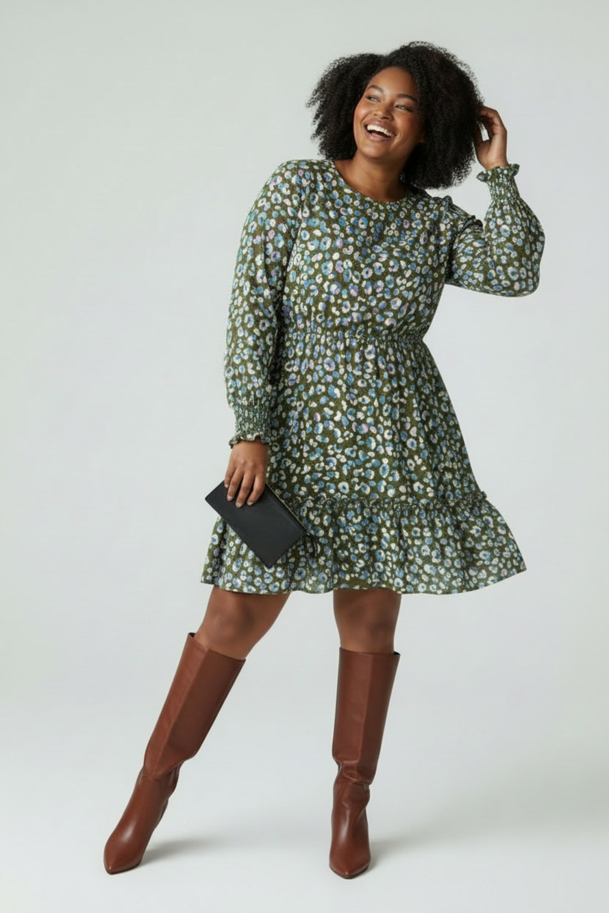 Jodifl Leopard Print Smock Ruffled Dress Size L Green